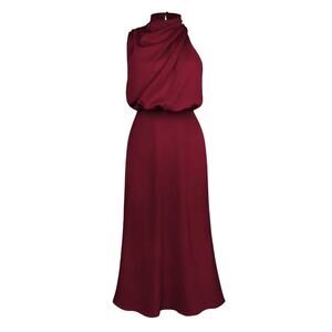 Sweetkama Burgundy Mock High Neck Draped Satin Cocktail Midi Dress Size XL